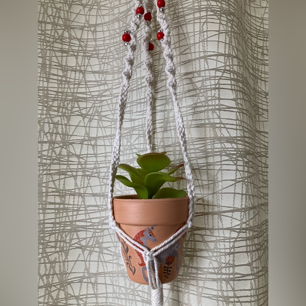 Broken Hand Crafted Macrame Plant Hanger Decorated Unicorn Miniature Clay Pot